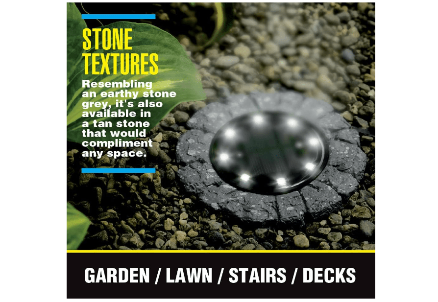 Bell+Howell Disk Lights Solar Ground Lights Stone Dark Gray -Upgraded Wireless Solar Garden Waterproof Lighting 8 LED Bulbs for Patio, Garden, Yard, 4 Packs, As Seen On TV 