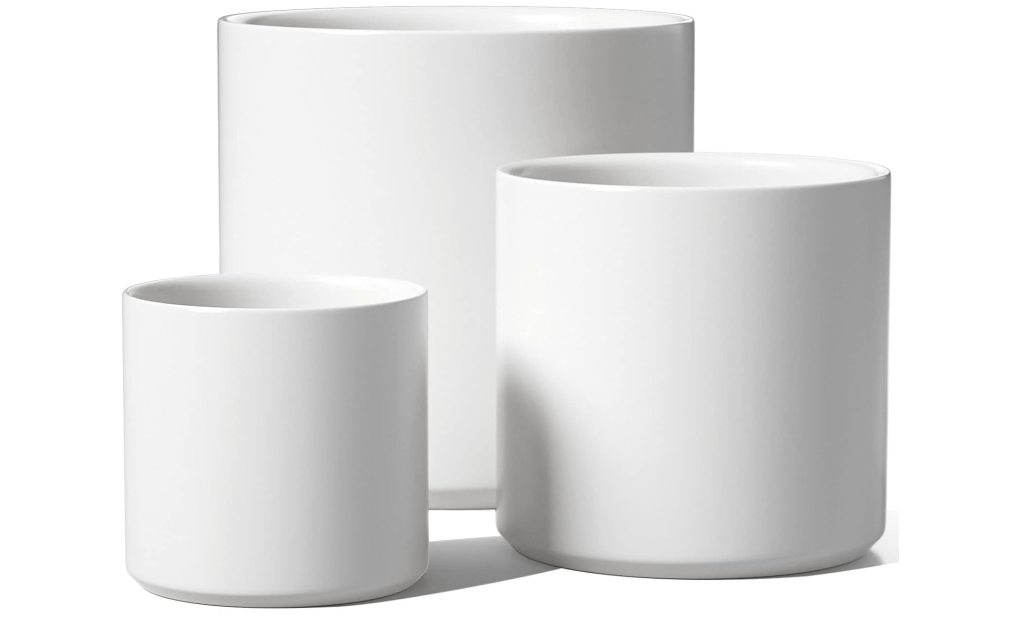 LE TAUCI Ceramic Pots for Plants, 10+8+6 Inch Indoor Plant Pots, Modern Planters for Indoor Plants Home Office, Cylinder Round Planters with Drainage Hole and Plug, Set of 3, White 