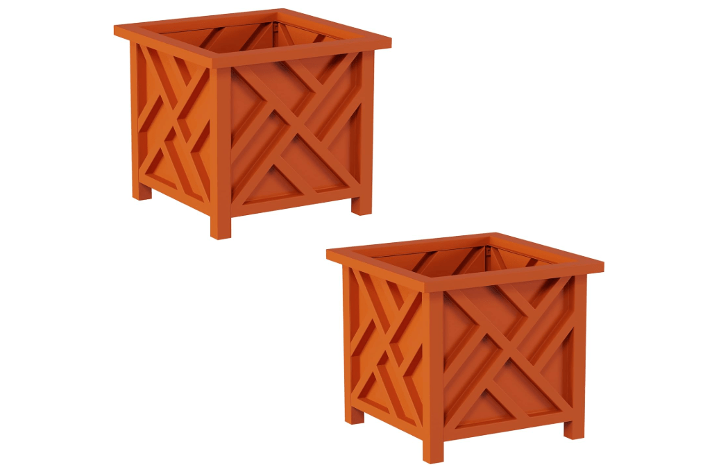 Pure Garden Lattice Design Planter Box 2-Pack – 14.75-Inch Decorative Outdoor Flower or Plant Pots – Front Porch or Patio Decor (Terracotta) 