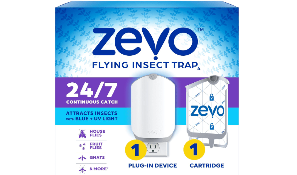 Zevo Flying Insect Trap & Cartridge - Plug in Fly Trap & Indoor Bug Catcher for Gnats, House & Fruit Flies - Mess-Free - Use in Any Room - Uses Blue & UV Light (1 Plug in Device & 1 Cartridge) 