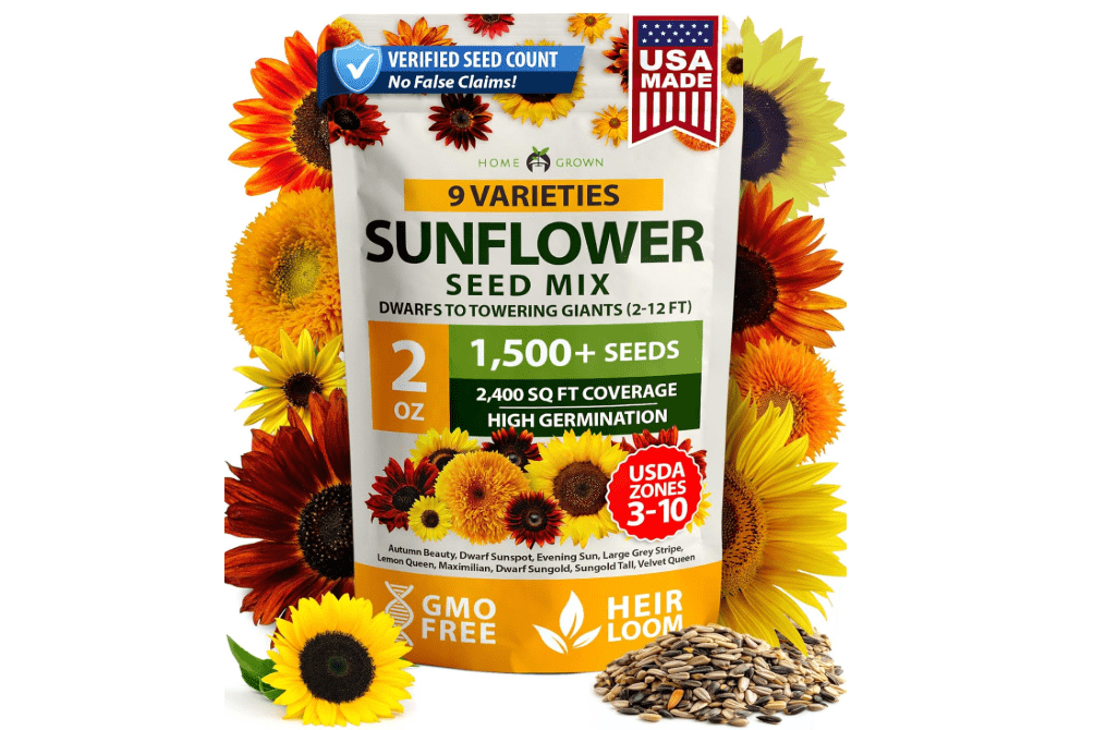HOME GROWN Sunflower Seeds Mix Pack 1,500+ 9 Colorful Varieties of Sun Flower Seeds to Plant - 2-10ft Tall Plants, Pollinator Friendly 𝗡𝗢𝗡-𝗚𝗠𝗢 𝗨𝗦𝗔 – Easy to Grow, High Germination 