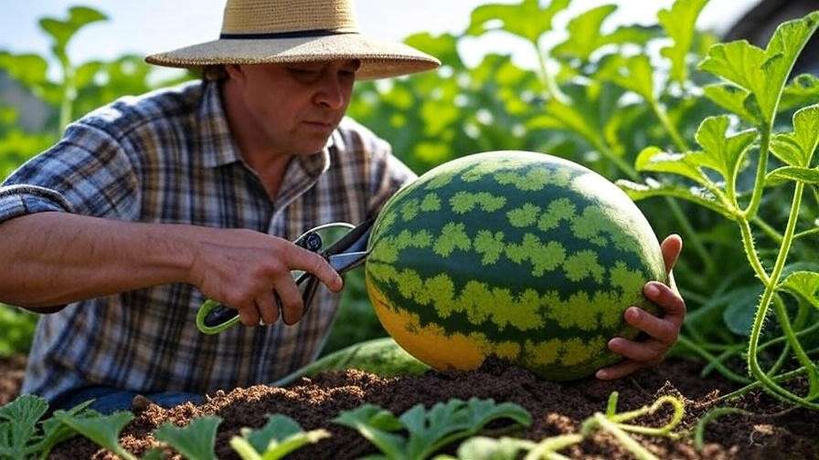 Gardener harvesting ripe Moon and Stars watermelon with pruning shears".