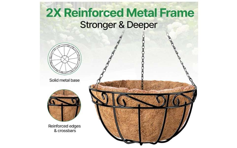  Amagabeli 4 Pack 14 Inch Metal Hanging Baskets Planter Outdoor Round Wire Hanging Basket for Plants with Coco Fiber Liners Chain Plant Holder for Garden