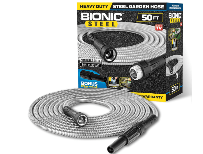  BIONIC STEEL 50 Ft Metal Garden Hose with Sprayer Nozzle, Non Kinking Designed Stainless Steel Heavy Duty Water Hose 50Ft x 5/8 in. Ultra Flexible NON