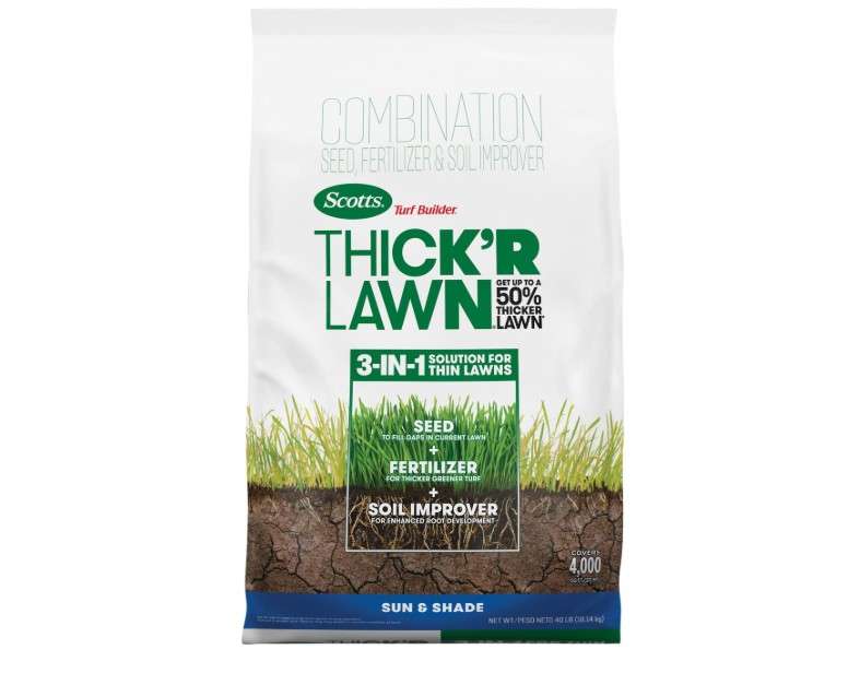 Scotts Turf Builder Thick'R Lawn Sun and Shade, Combination Seed, Fertilizer and Soil Improver, Thickens Thin Grass, 40 lbs.