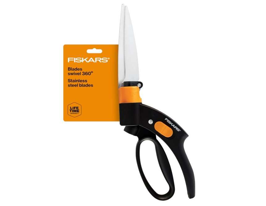  Fiskars Shear Ease Grass Shears - 5" Stainless Steel Blades - 360-Degree Swivel Blade Plant Cutting Scissors - Garden Shears and Grass Cutter, Black