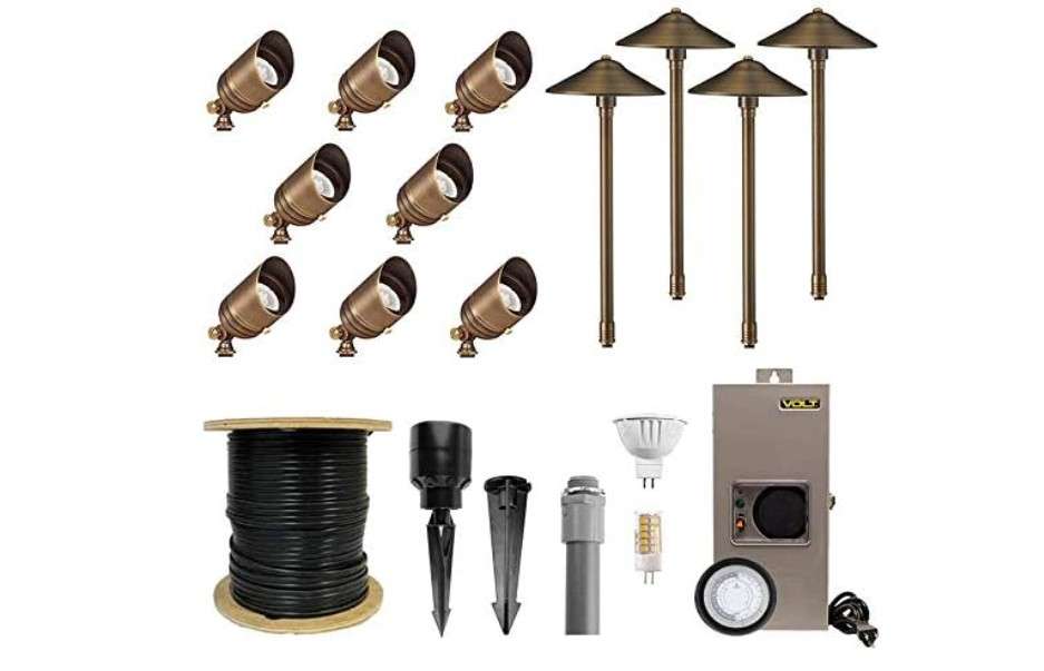  VOLT 12V Brass Bronze LED Landscape Lighting Kit (8 Spotlights, 4 Path Lights) with 150W Low Voltage Transformer for House, Yard, Outdoor Pathway, Walkway
