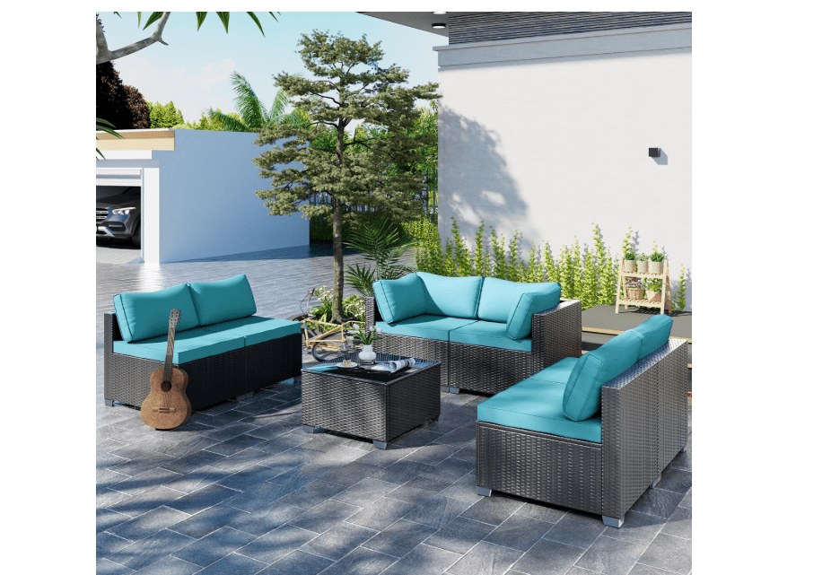  7-Piece Outdoor Patio Sectional Sofa Set – PE Wicker Rattan Conversation Furniture with Coffee Table, Cushions & Clips, Modular Patio Couch for Porch
