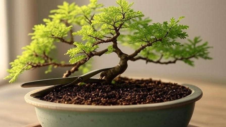 "Close-up of Brazilian Rain Tree bonsai pruning with shears, healthy green leaves, well-draining soil." 