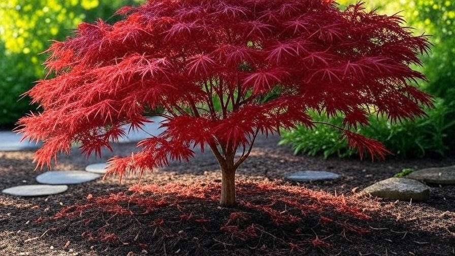 "Vibrant Japanese Maple with red foliage in a small garden with stepping stones" 