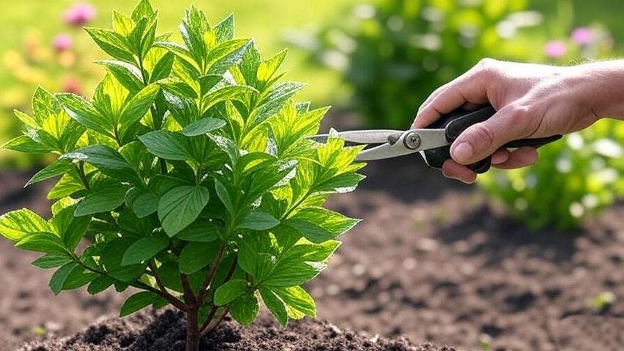 "Close-up of a chocolate mint tree being pruned by a gardener in a sunny garden."