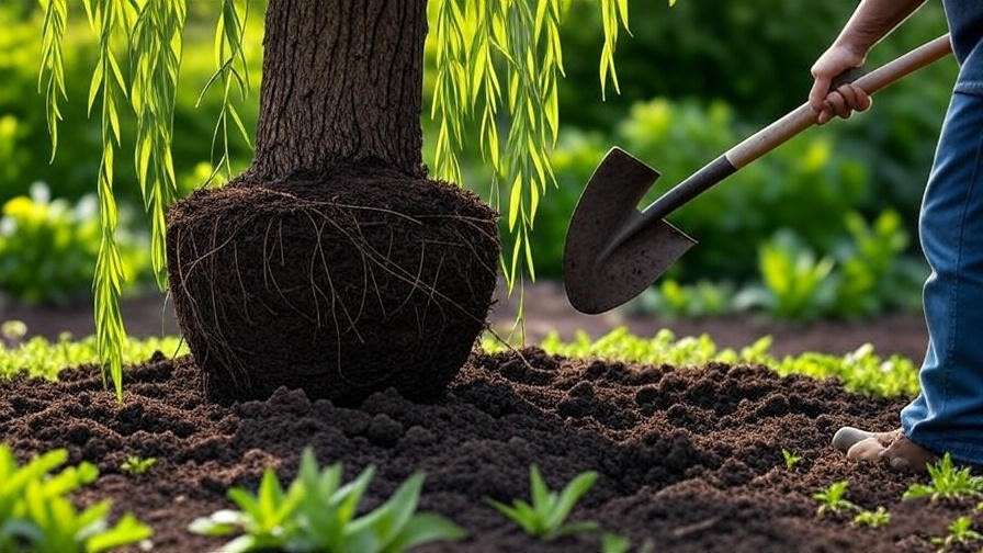 "Gardener planting a Weeping Willow tree with shovel and root ball in a lush spring garden." 