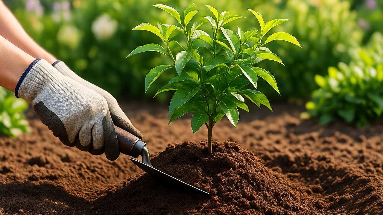 "Gardener planting a bush lime tree sapling in well-draining soil with compost in a sunny garden.