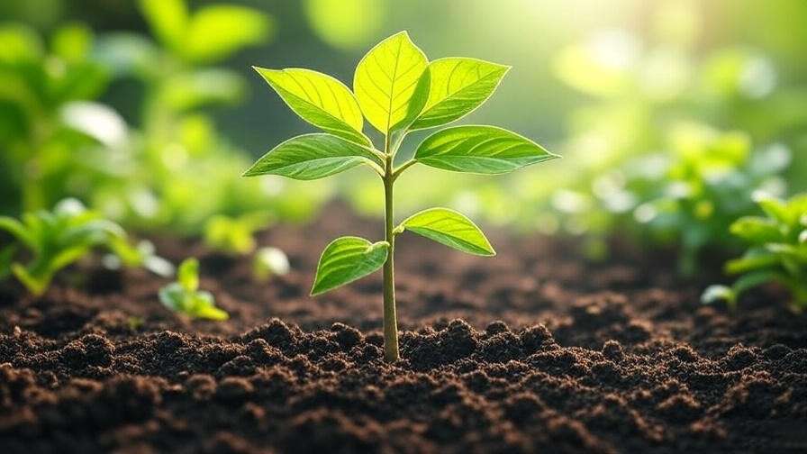 Young sapling with green leaves in rich soil, representing early tree growth" 