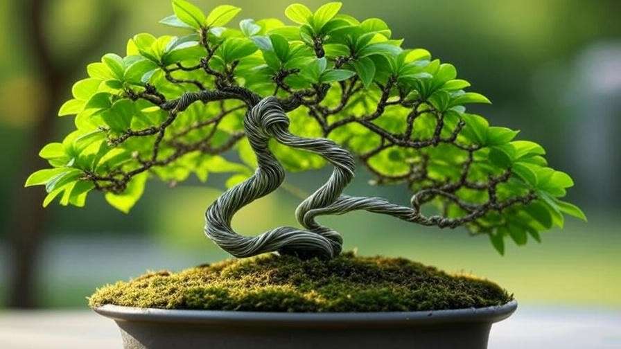 "Brazilian Rain Tree bonsai wired for shaping, elegant curves, moss pot, outdoor garden." 