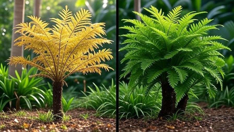 "Comparison of a Japanese fern tree with yellowing leaves from overwatering and a healthy green tree." 