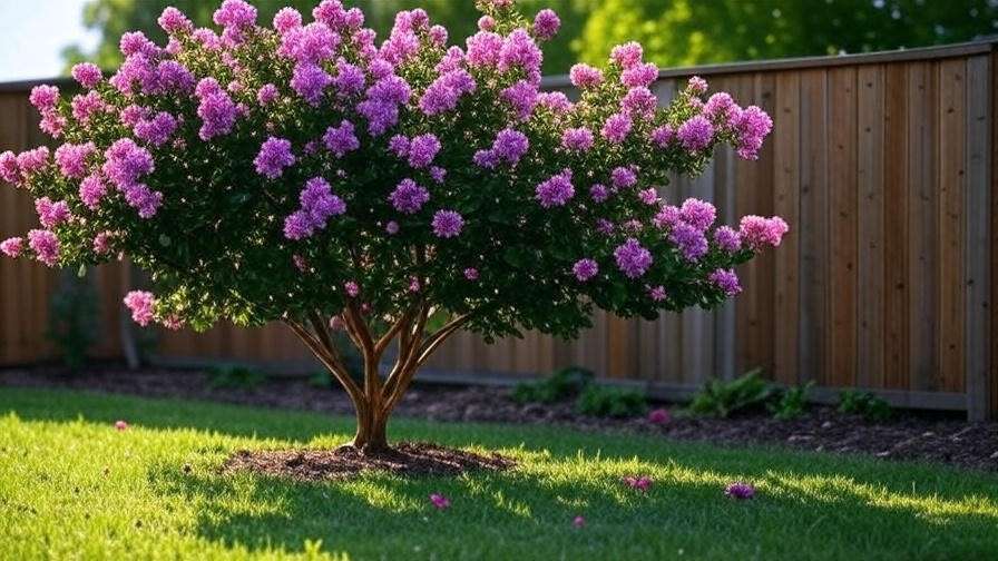Crape myrtle with pink and purple blooms along a garden fence privacy screen" 