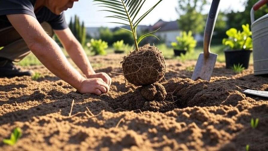  "Close-up of planting a palm tree with root ball in sandy soil and compost".