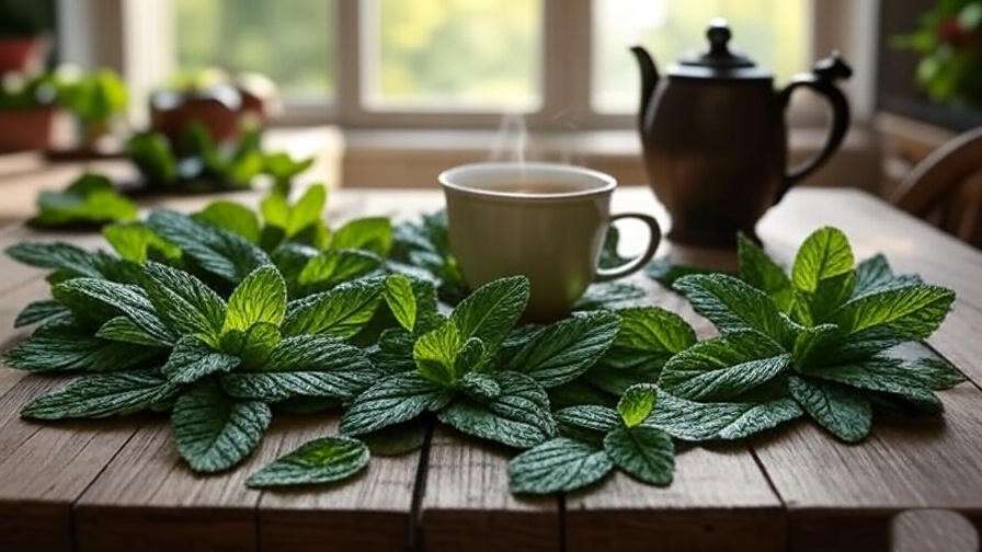  "Harvested chocolate mint leaves with teapot and cup of tea in a cozy kitchen." 