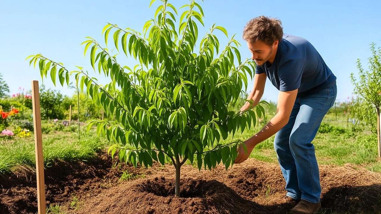 "Gardener planting a Redhaven peach tree with compost and stake in a sunny garden." 
