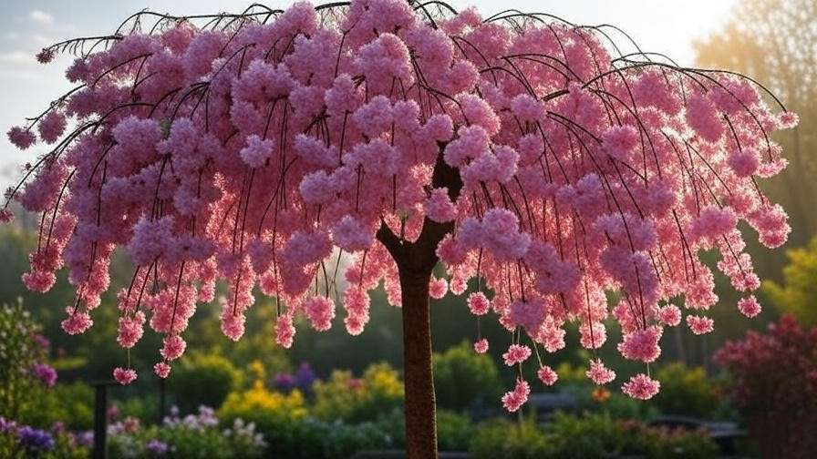 "Pruning a Weeping Cherry tree with shears, showcasing pink blossoms and healthy branches." 