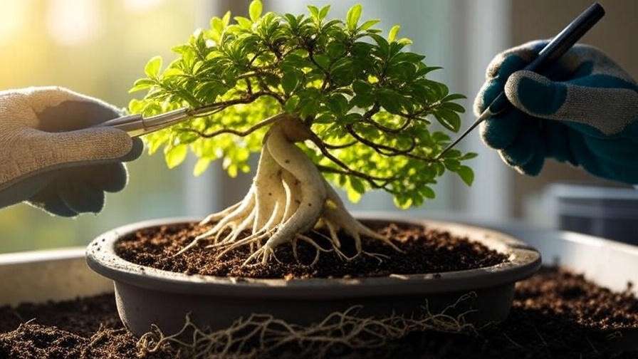 "Repotting Brazilian Rain Tree bonsai, trimming roots, fresh soil, new pot." 