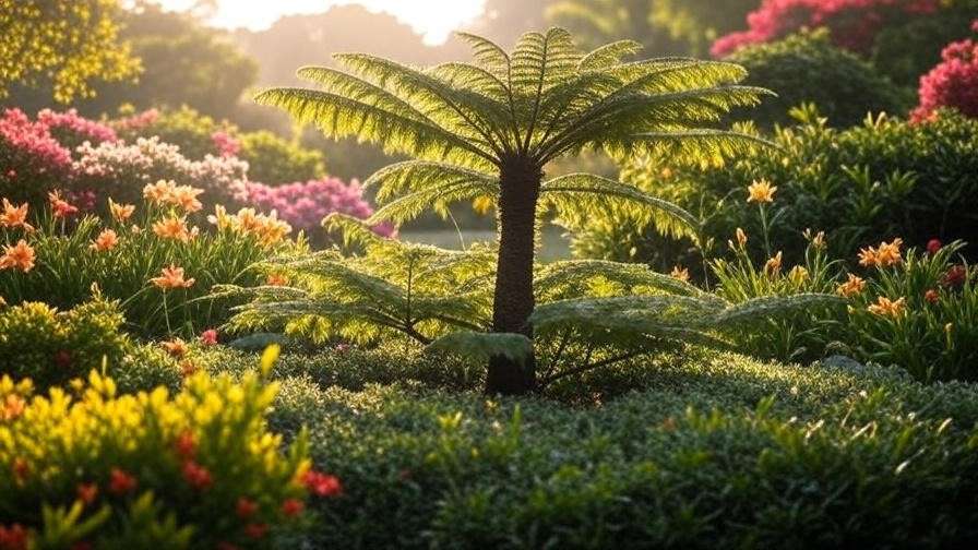  "Japanese fern tree as a focal point with low-growing shrubs and colorful perennials in a garden." 