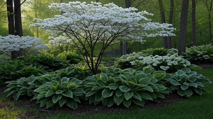 "Flowering dogwood with white blooms and hostas in a woodland garden" 