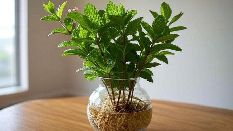  "Step-by-step propagation of a chocolate mint tree with stem cuttings and potted plant." 
