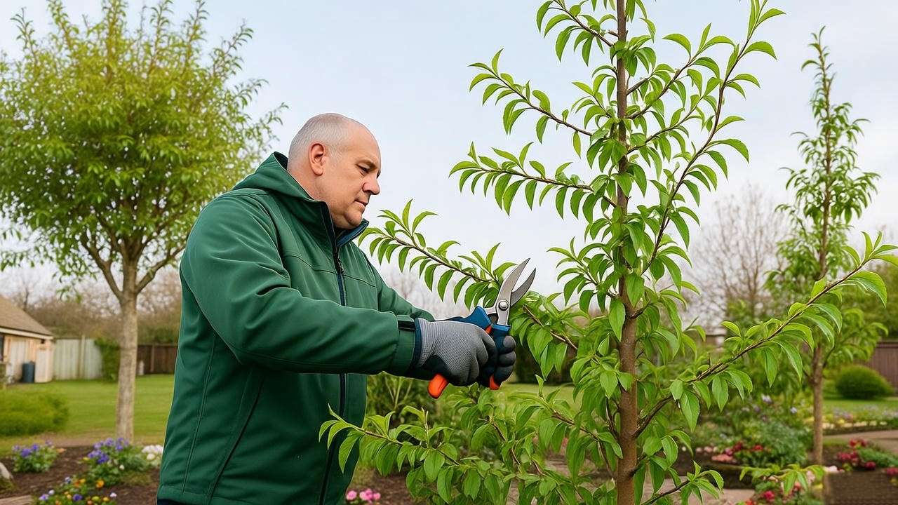 "Gardener pruning a Redhaven peach tree in open-center shape during late winter." 