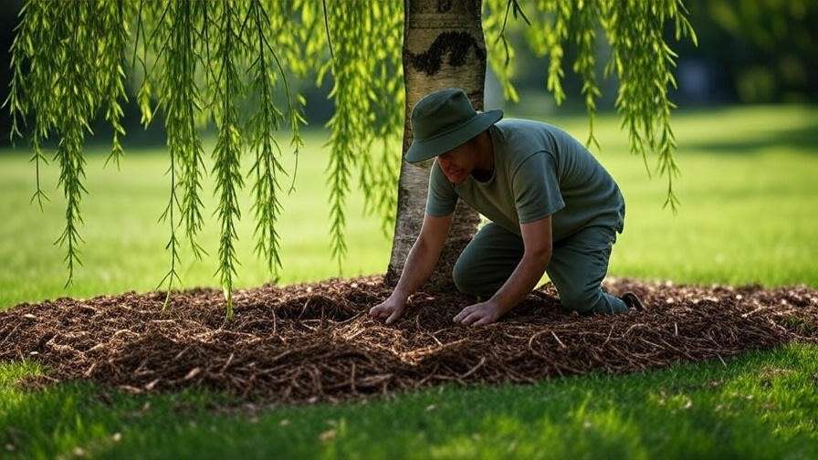 "Gardener applying organic mulch around a Weeping Birch tree in a serene backyard."