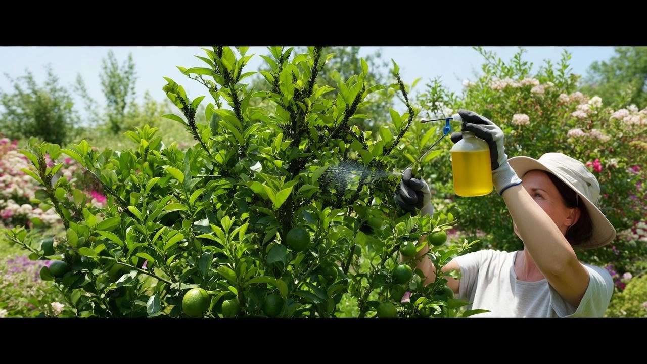 "Bush lime tree with aphid infestation treated with neem oil spray in a garden.