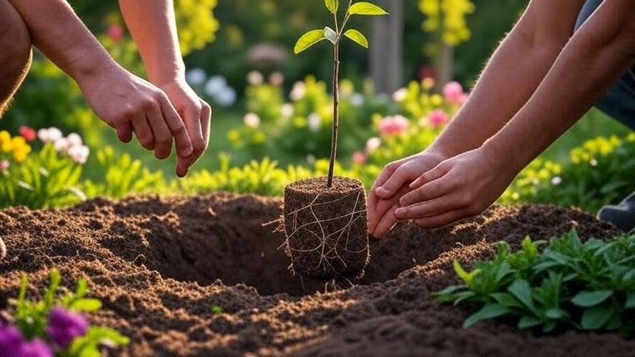  "Hands planting baby tree root ball in prepared soil hole with compost" 