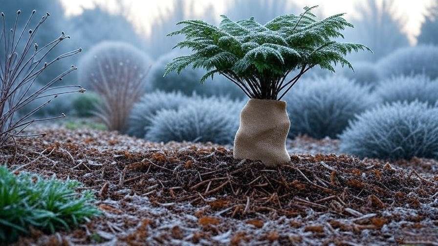 "Japanese fern tree wrapped in burlap with mulch for winter frost protection." 