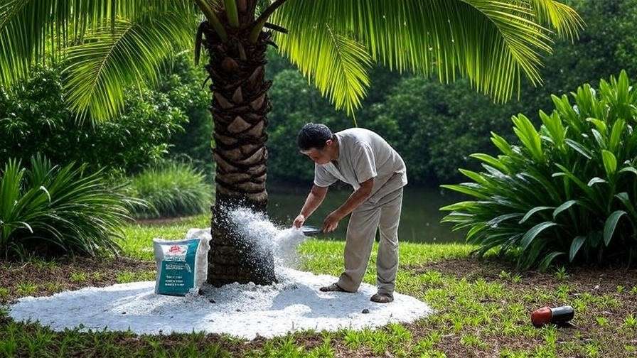 "Person applying fertilizer around palm tree base in tropical landscape".