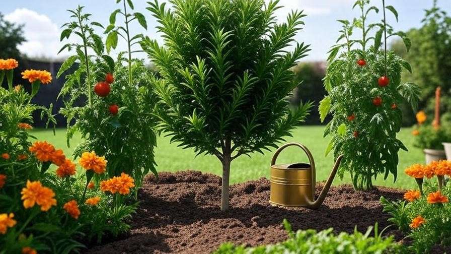  "Garden layout with chocolate mint tree, tomatoes, and marigolds for companion planting."