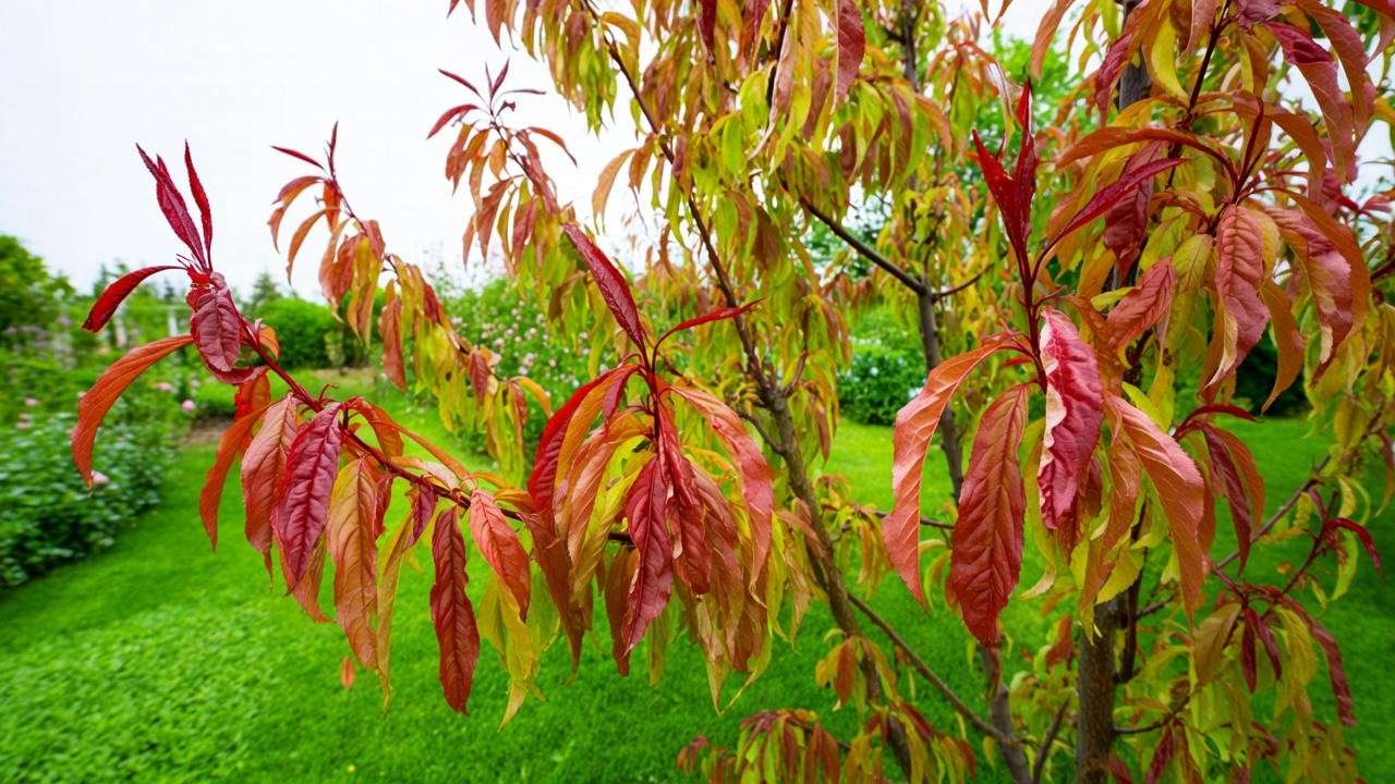  "Redhaven peach tree with peach leaf curl showing puckered red and yellow leaves." 