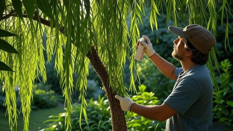  "Gardener treating a Weeping Willow tree with neem oil spray for aphid pest control." 