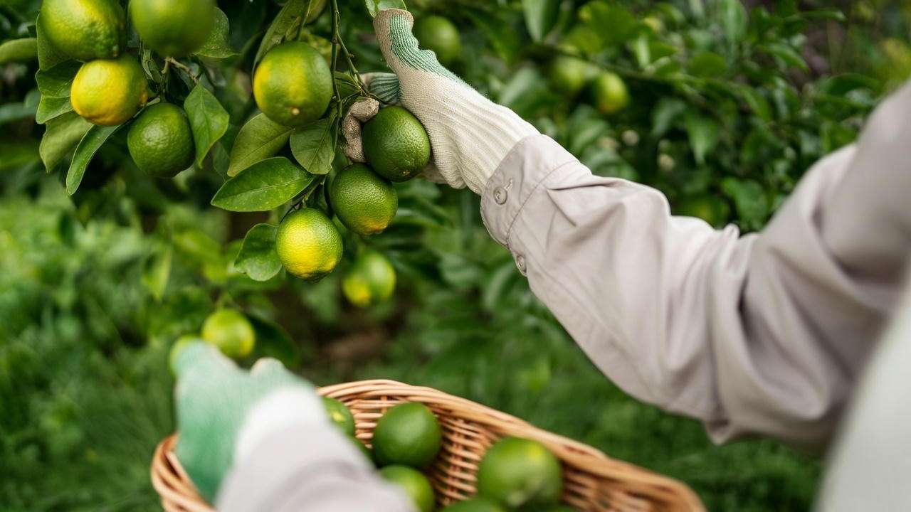 "Hand harvesting ripe limes from a bush lime tree with a basket of fresh limes." 