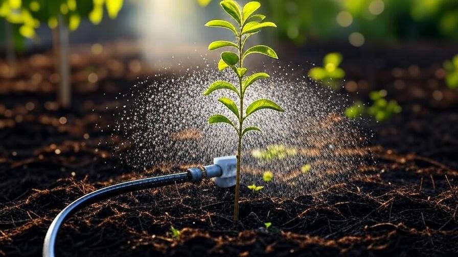 "Drip irrigation watering baby tree with green leaves in mulched garden bed" 