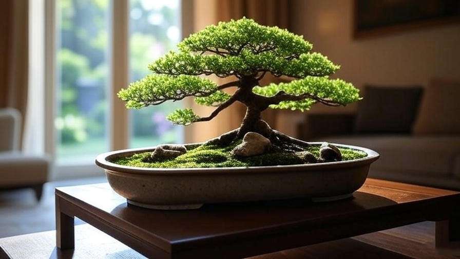 "Brazilian Rain Tree bonsai display, moss, rocks, wooden stand, living room." 