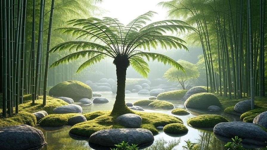 "Zen garden with a Japanese fern tree, bamboo, and river rocks." 