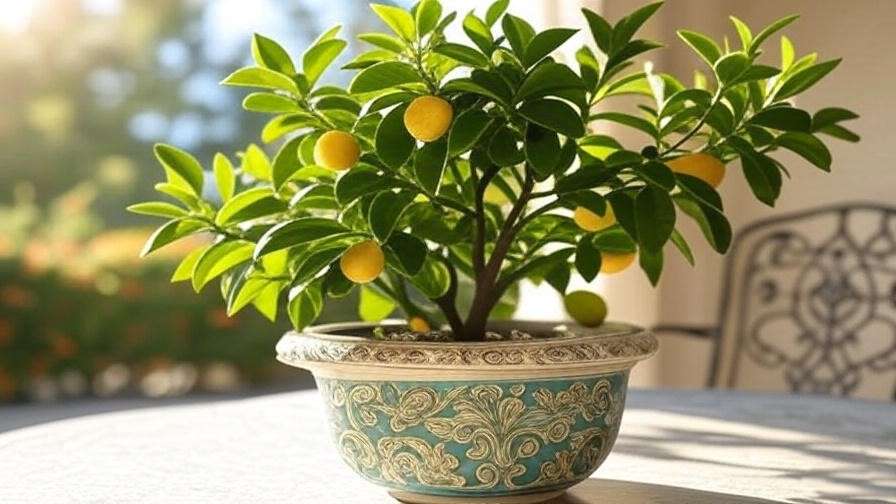"Dwarf citrus tree in a pot with lemons on a sunny patio" 