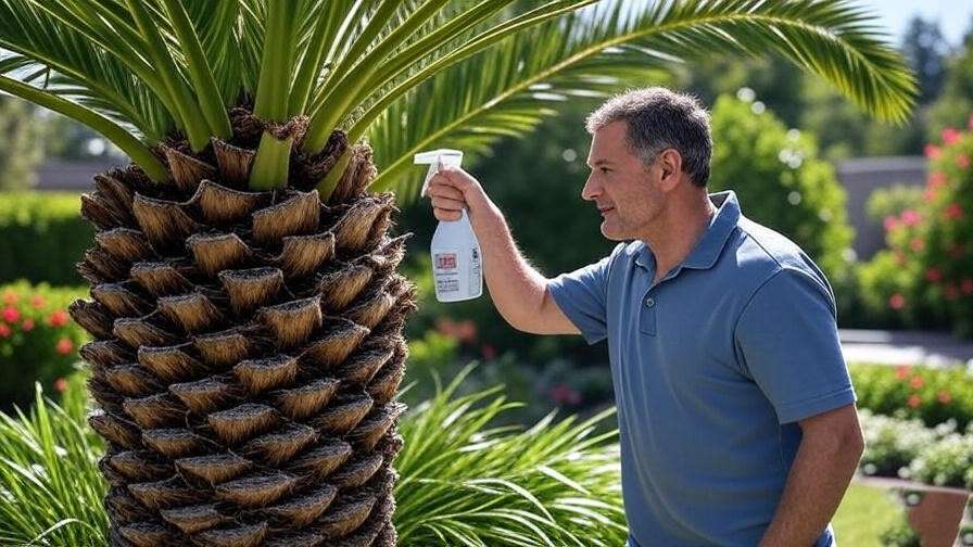 "Palm tree with pest damage next to healthy palm during inspection". 