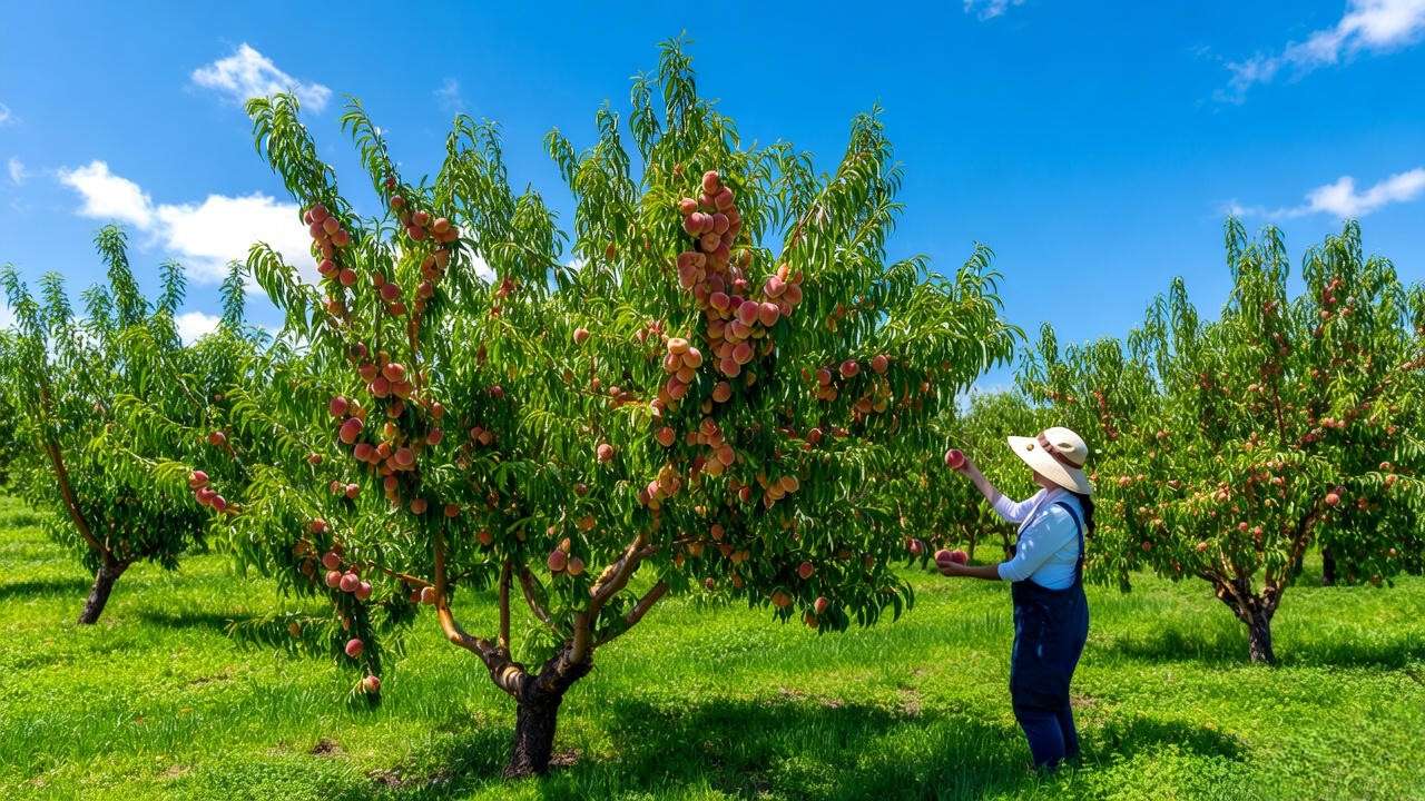  "Gardener harvesting ripe peaches from a Redhaven peach tree in a summer orchard." 