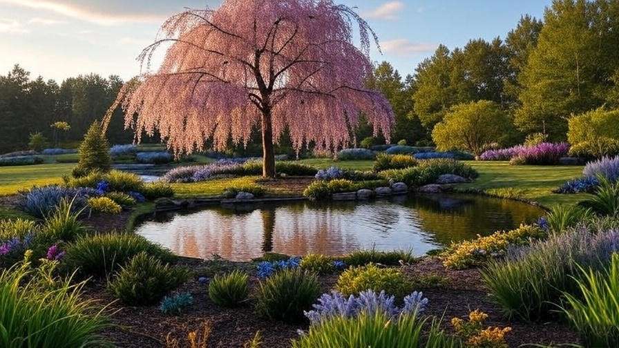  "Weeping Cherry tree as a focal point in a landscaped garden near a pond with shrubs." 