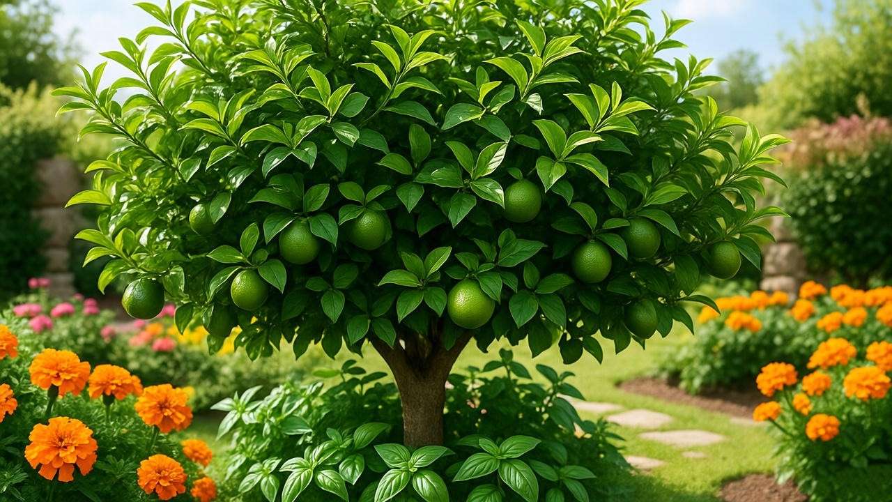 Bush lime tree with marigolds and basil as companion plants in a sunny garden." 