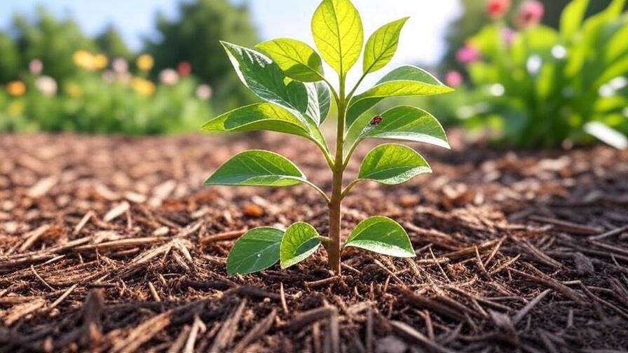 "Baby tree with ladybugs on leaves and organic mulch for pest protection" 