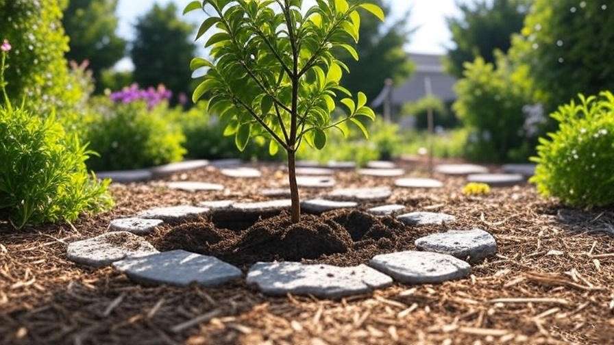 "Newly planted decorative tree with amended soil and mulch in a small garden"