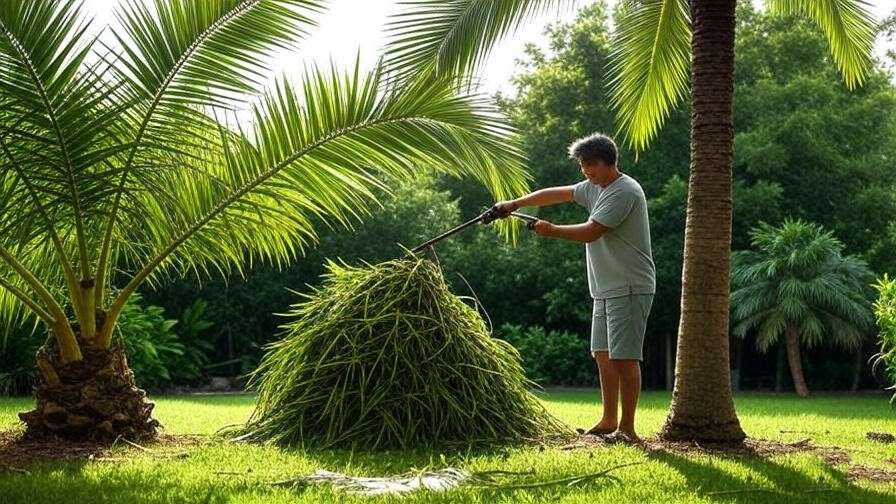  "Person pruning palm tree removing dead fronds in tropical backyard". 